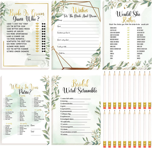 Teling 145 Pieces Bridal Shower Game Bridal Shower Favors Set Wedding Games Cards and Pencils for Bride Groom Bachelorette Party Wedding Party Favor(Eucalyptus Style)
