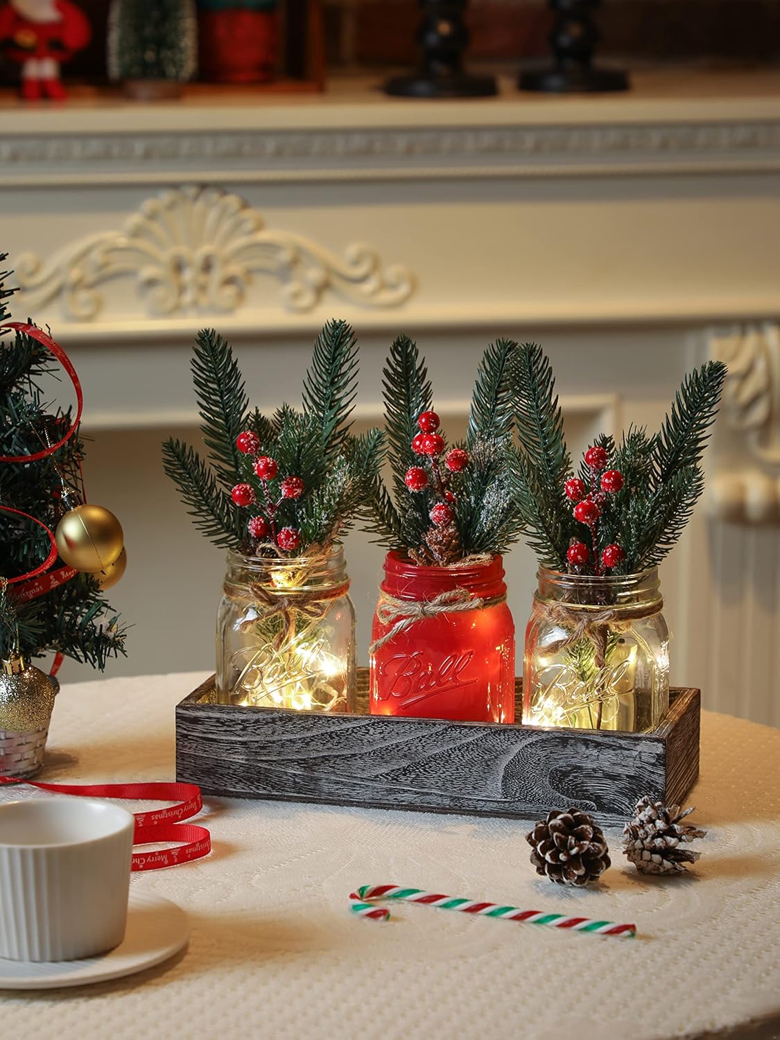 Christmas Mason Jars, Christmas Centerpiece Table Settings, Wood Tray with 3 Painted Jars, Dining Coffee Table Centerpiece, For Kitchen, Living Room, Red Mason Jar Decor with Flowers