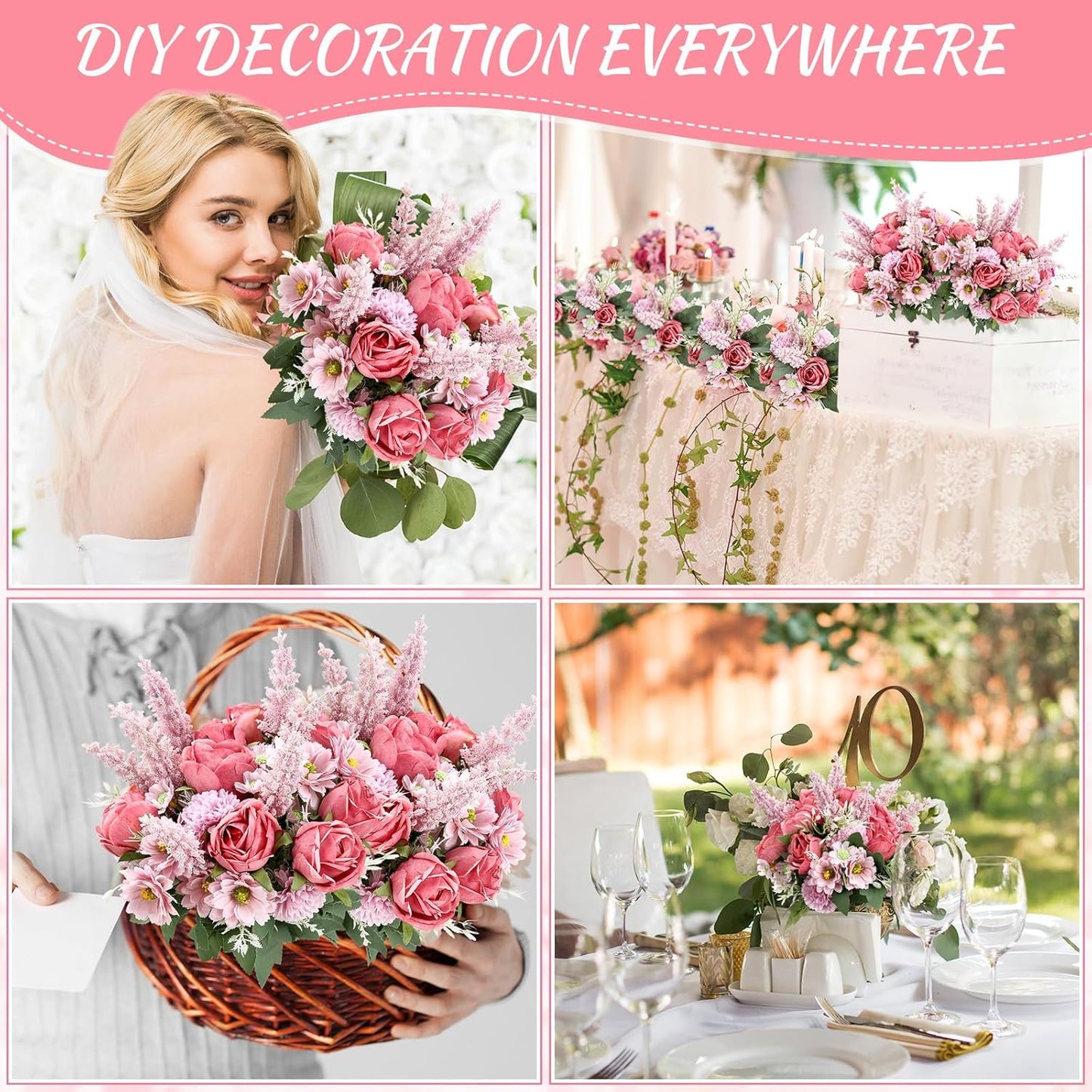 Zeyune 8 Pcs Wedding Silk Flowers Fake Silk Flowers Faux Bouquet Hydrangea Bouquets for Wedding Birthday Party Table Centerpieces Home Decoration (Bean Paste Pink,Rose)