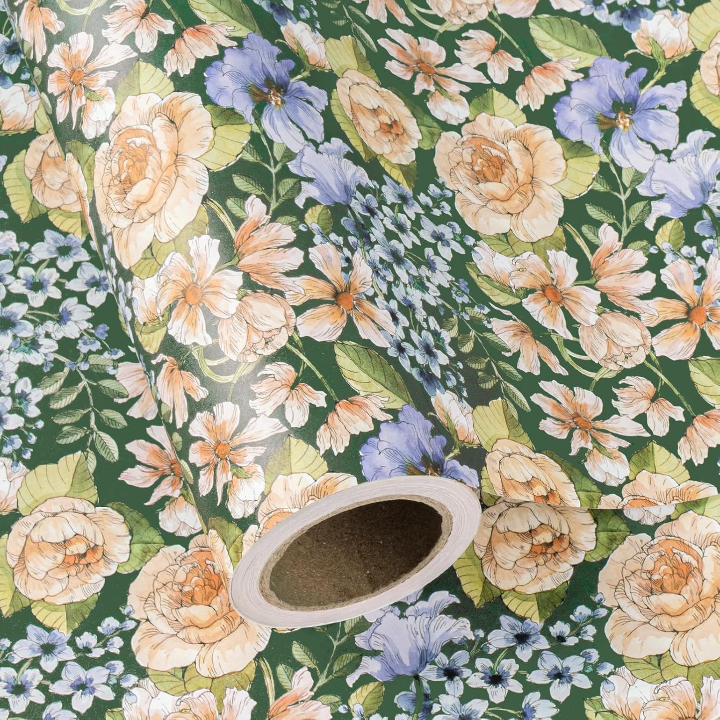 WRAPAHOLIC Kraft Floral Wrapping Paper Roll - Mini Roll - 17 Inch x 16.5 Feet - Vintage Flower Wrapping Paper Perfect for Wedding, Birthday, Bridal Shower, Tea Party