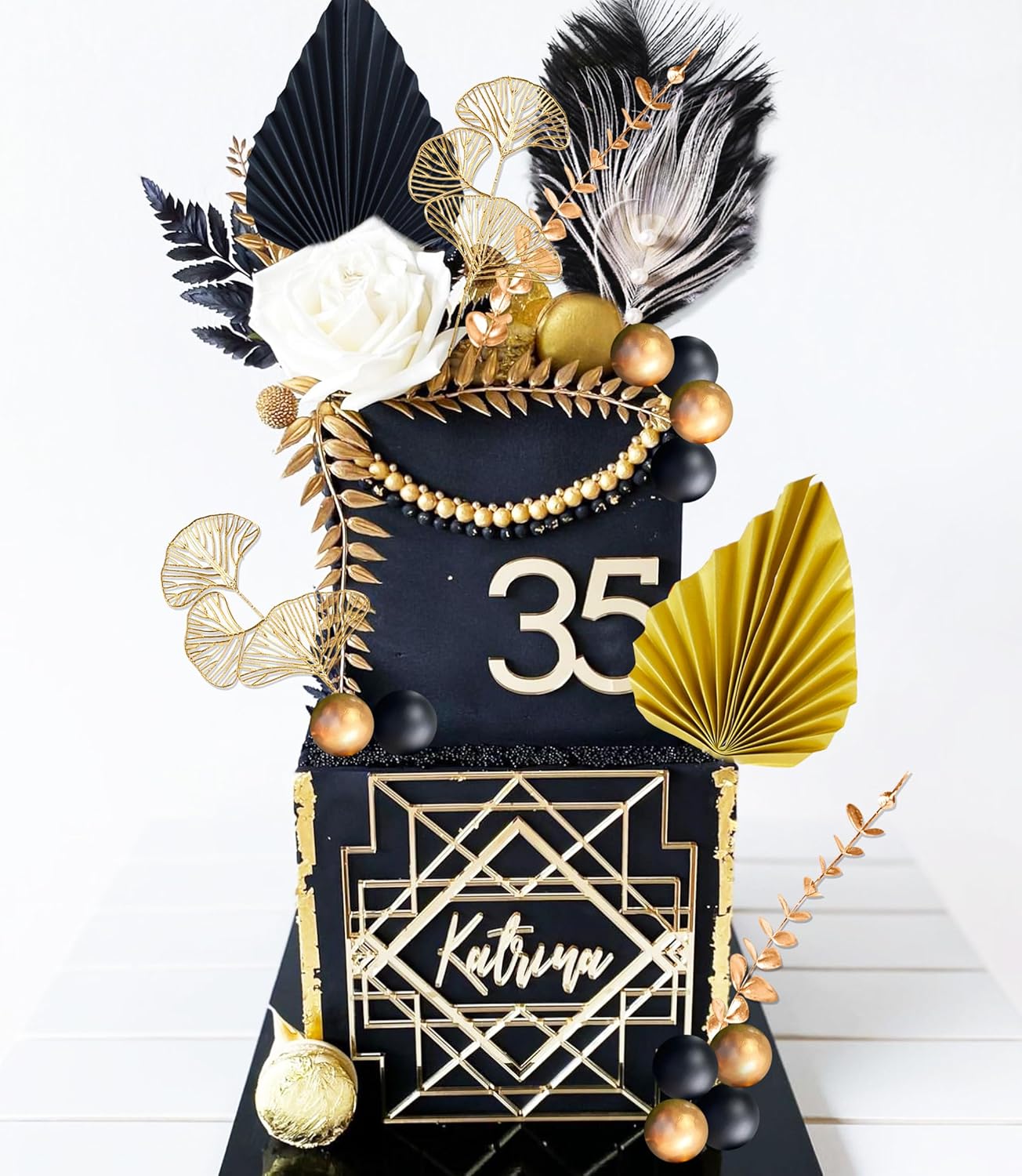 Boho Cake Topper Man Cake Toppers Happy Birthday Cake Topper Black Gold Balls Cake Decorations for Roaring 20s Cake Decoration Wedding Baby Shower Party Decoration