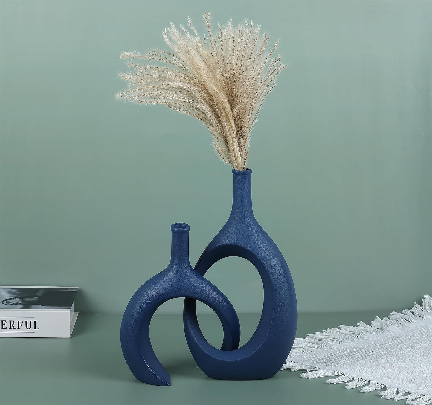 Blue Ceramic Vase Set of 2 - Modern Navy Blue Vase for Dining Table Centerpieces, Farmhouse and Home Decor, Office Partitions, Mantelpiece, Entrance Decoration