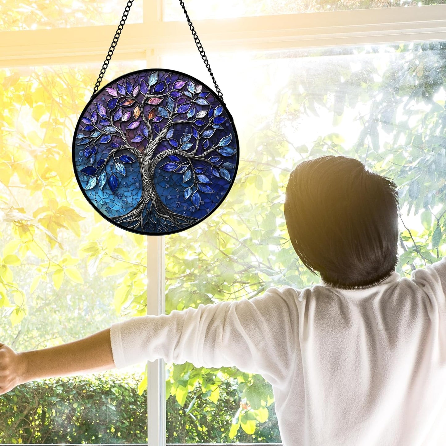 Stained Glass Window Hanging, Blue Purple Tree of Life Sun Catchers Colorful Glass Panel Plants Suncatcher Decor for Birthday for Women,Men,Wife, Lovers, and Mom 7.8 in