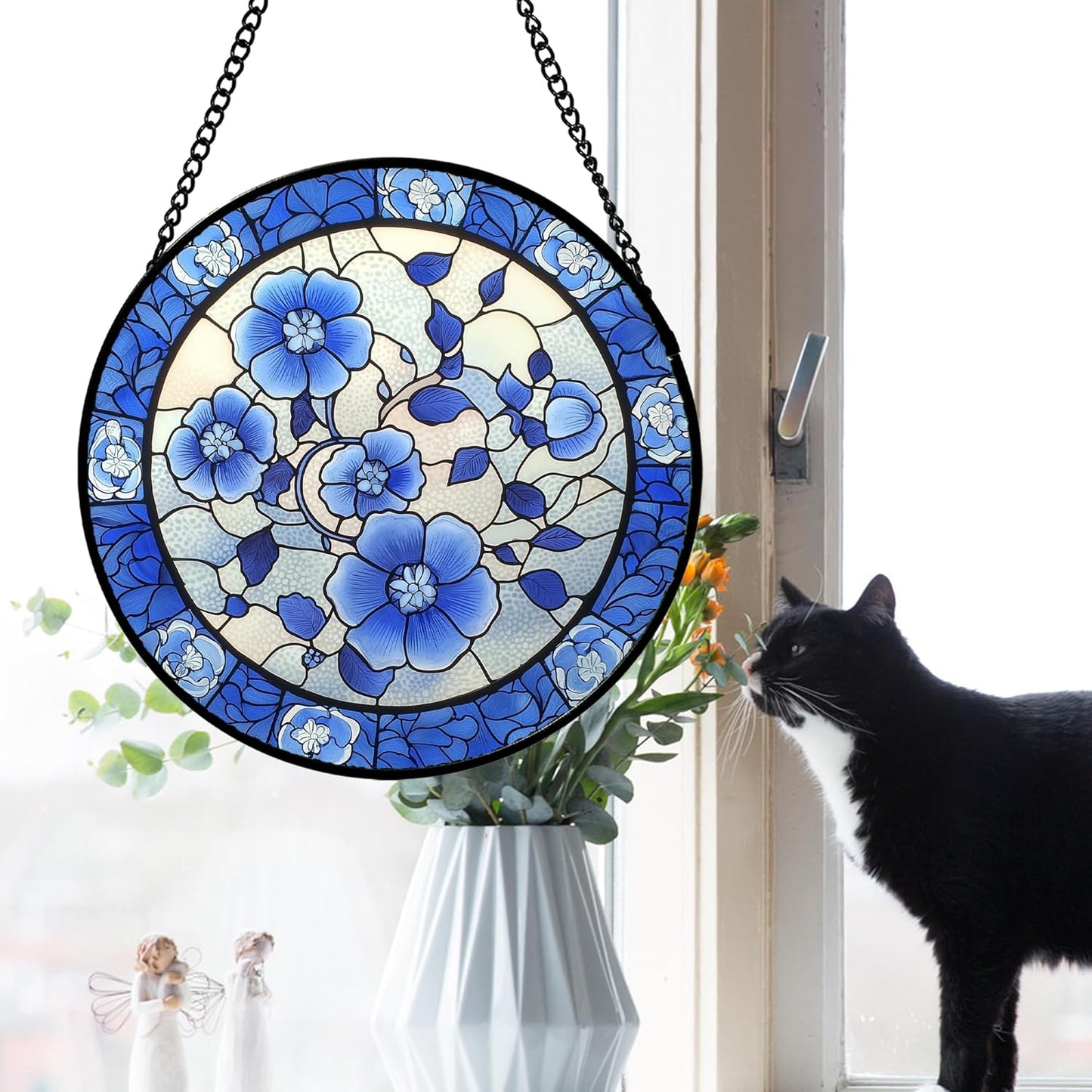 Stained Glass Window Hanging, Blue and White Plum Blossom Sun Catcher for Door Home Decor Flowers Suncatcher Christmas Mother's Day Birthday Gifts for Women Men Mom and Nana 9.8 in