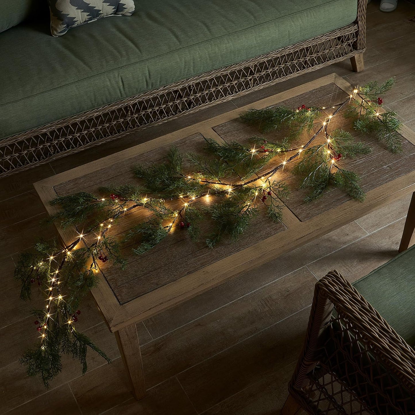 Birchlitland Christmas Garland with Lights Cadar Lighted Garland Battery Operated with Timer or USB Light 6FT 80 LED Fairy Lights, Faux Vine with Lights for Mantel Fireplace and Holiday Decor