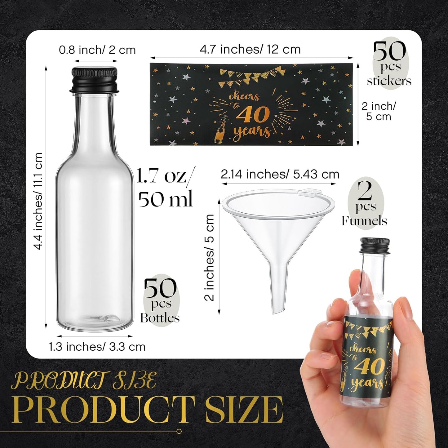 Vesici 50 Pack Mini Liquor Bottles 1.7oz Shot Mini Wine and Champagne Bottle Birthday Sticker with 2 Funnels Birthday Party Favor for Adult Guest Women Men Anniversary Celebration(Cheers to 40 Years)