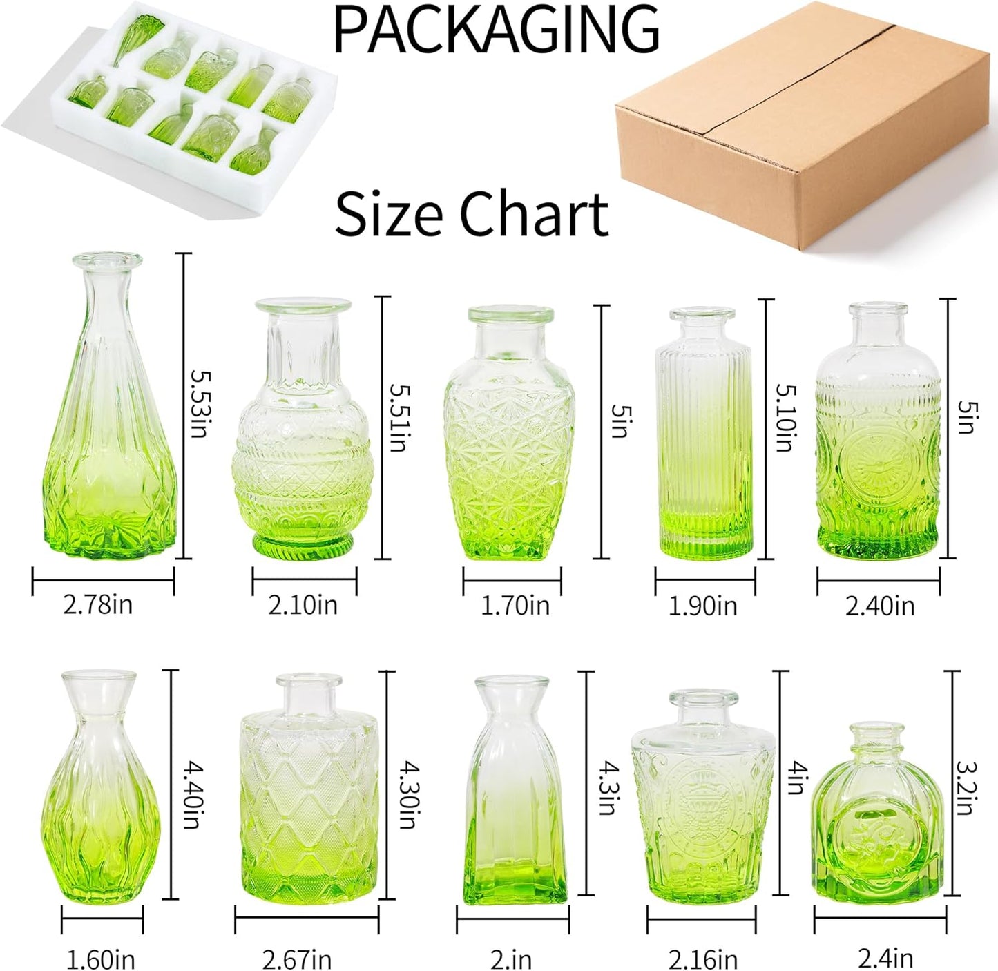 Vintage Small Glass Vases Set of 10,Mini Bud Vases for Flowers,Amber Glass Vases for Centerpieces,Wedding Decorations,Home Table Flower Decor (Olive Green)