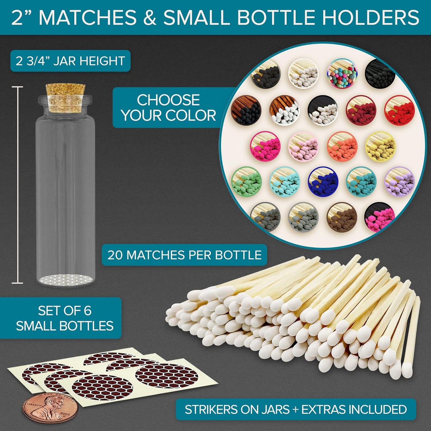 2" Matches in 6 Glass Bottles Cork Top, Striker Stickers Included | 120 Matchsticks Color of Your Choice | Decorative Safety Matches w/Small Glass Holder | Gifts & Home Decor by Thankful Greetings