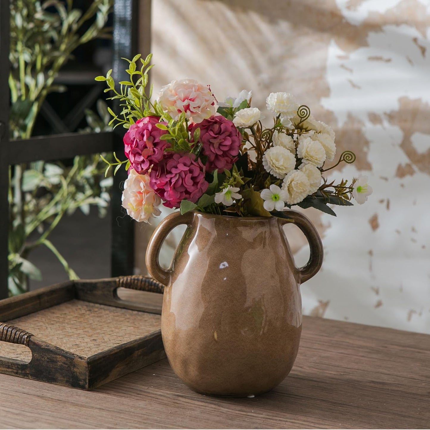 Brown Ceramic Vase with 2 Handles for Modern Farmhouse Home Decor, Vintage Rustic Decorative Vases, Small Vase for Fresh and Dried Flowers, Centerpiece Table Decorations, 7 Inch