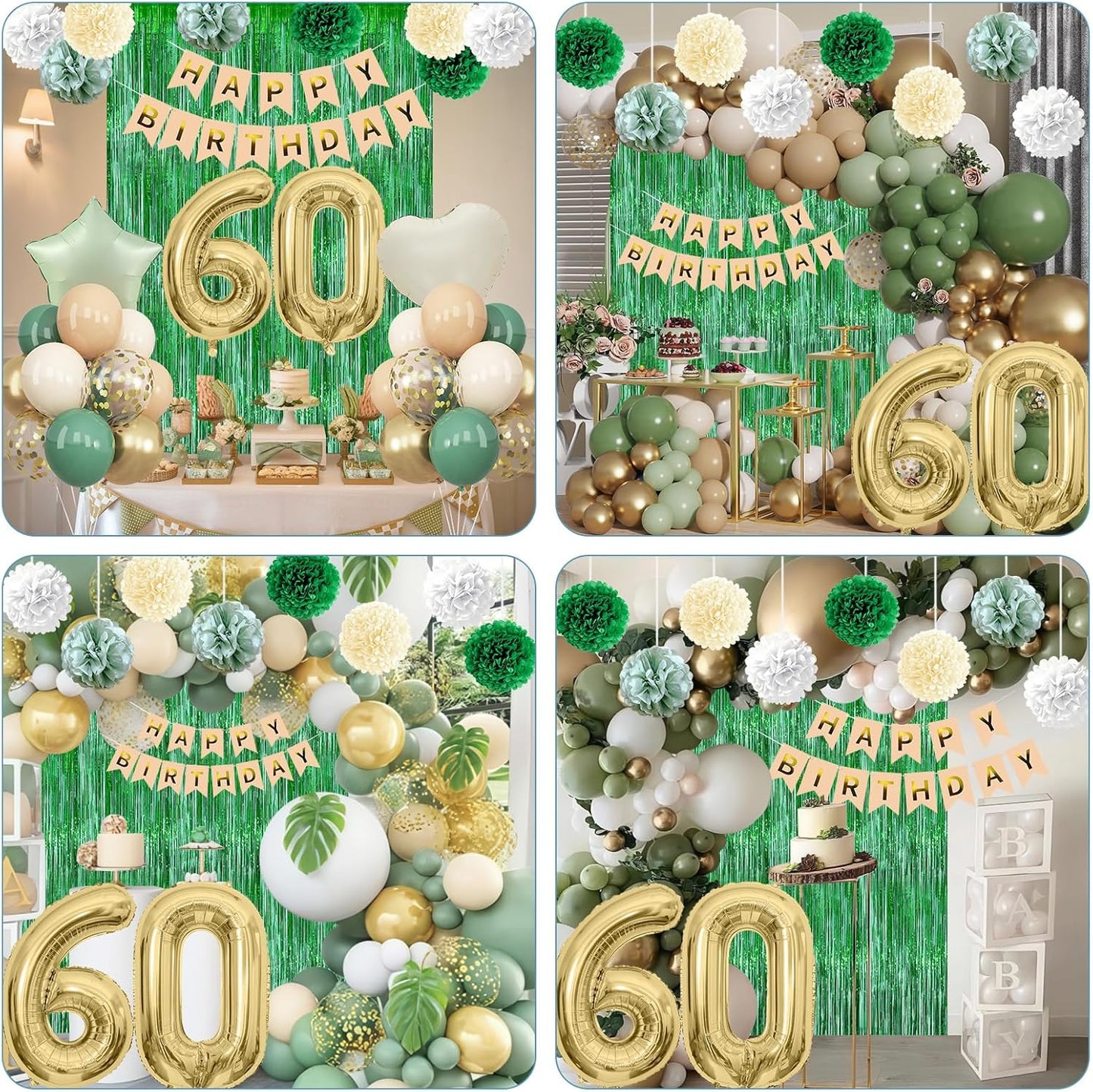 Sage Green 60th Birthday Decorations for Men Gold Number 60 Balloon Nude Gold Happy Birthday Banner Fringe Curtain Paper Pom Poms Olive Green Cream White Sand Star Foil Balloons Party Decor