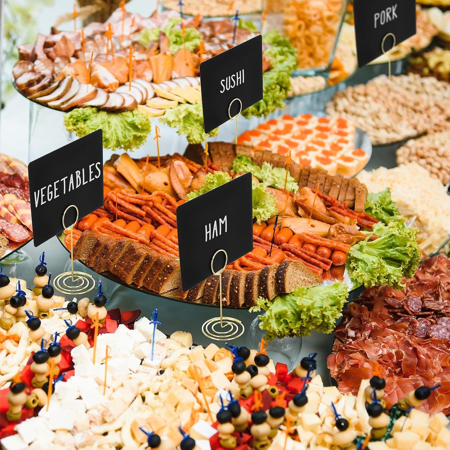 TecUnite 24 Pack Mini Chalkboard Signs, 4"x3" Small Table Place Cards with Metal Stand and 2 Marker Pens Food Labels for Party Buffet, Tabletop Blackboard Signs Name Tags for Wedding Bakery(Gold)