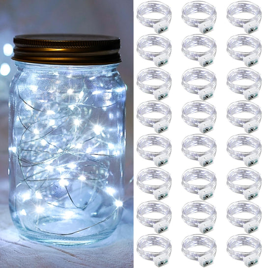 24 Pack White Fairy Lights 7Ft 20 LED Twinkle String Lights 3 Modes Battery Operated Waterproof Firefly Starry for Mason Jar Party Wedding Christmas Valentines Day Table Centerpieces,Cold White
