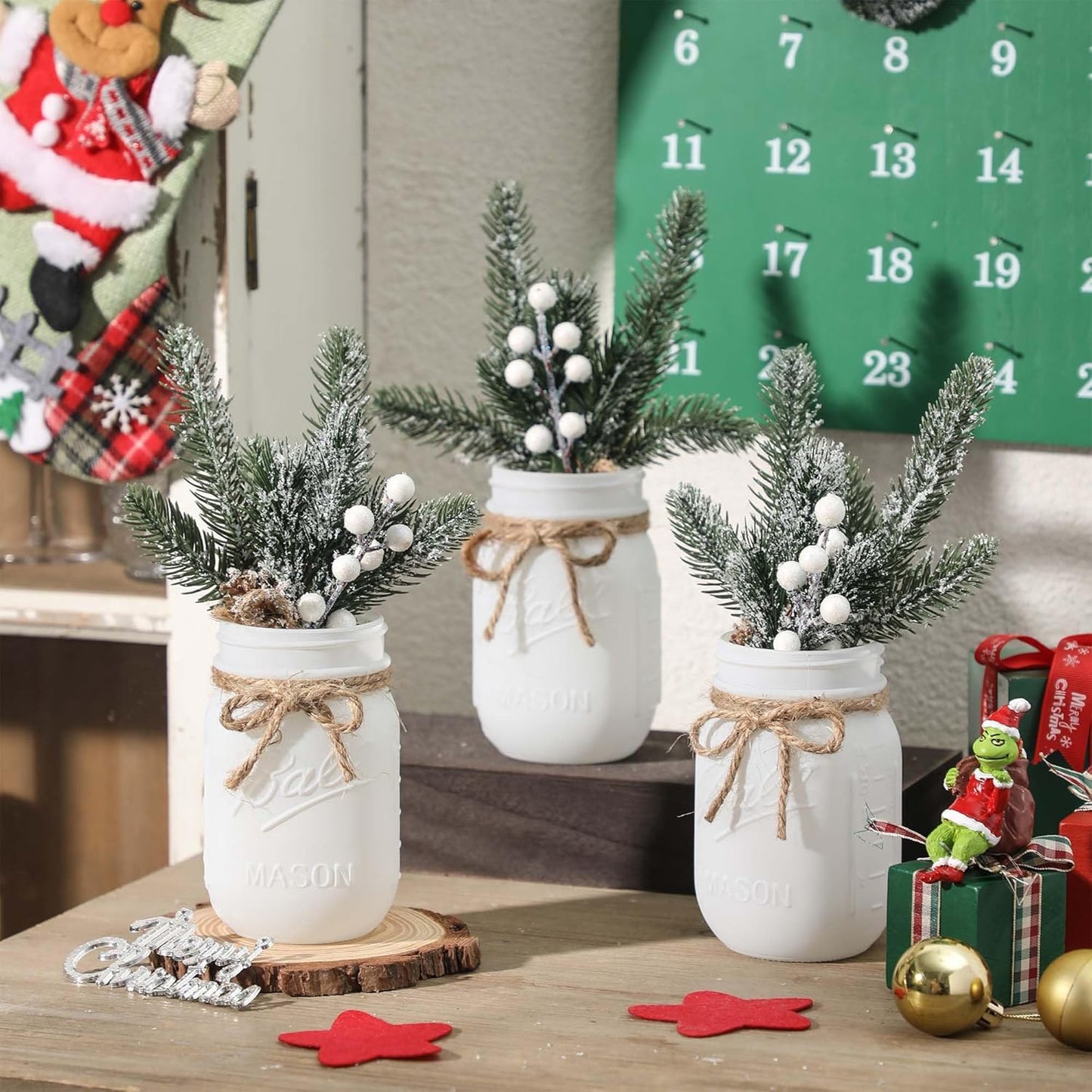 Mason Jars by Winter White, White Centerpieces & Wood Tray, 3 Decorative Jars for Home Table Decor, Farmhouse Dining Table & Kitchen Decorations