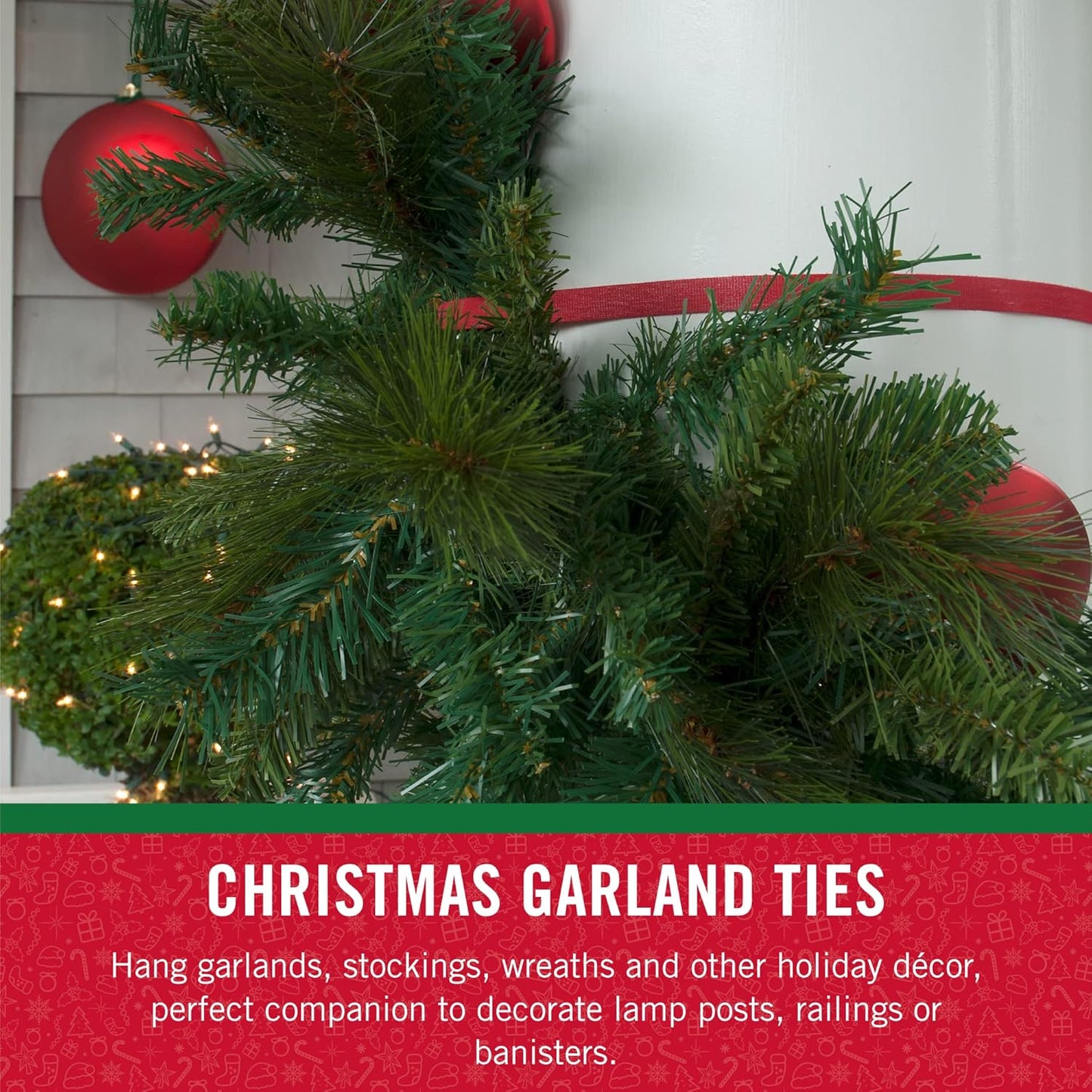 VELCRO Brand Holiday Garland Ties or Cable Straps | Hang Garlands, Lights or Wreath | for Banister, Railings, Stairs or Lamp Posts | 30ft Roll Cut to Custom Length | Red