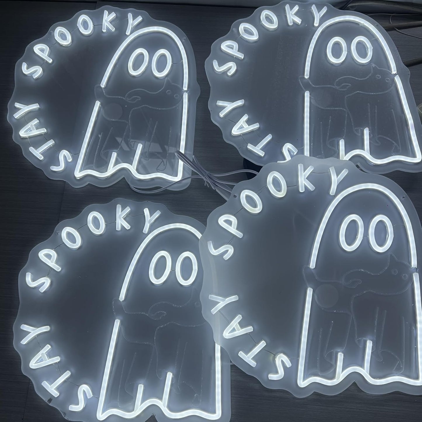 Ghost holding a cat Stay Spooky Neon Sign, Funny Halloween Party Wall Decor, Spooky Season Room Sign for Boo Wall Decor Neon Light for Bar Man Cave Home Yard Decoration Funny Spooky Vibes-White