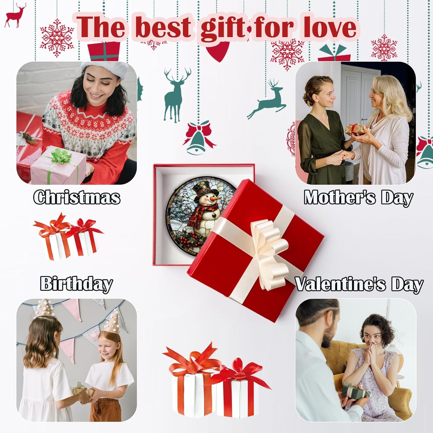 Stained Glass Window Hanging - Christmas Snowman Suncatcher for Door Terrace Garden Home Decor Winter Forest Snow Sun Catcher Birthday Gifts for Lovers Women Men Dad Mom Nana 9.8 in