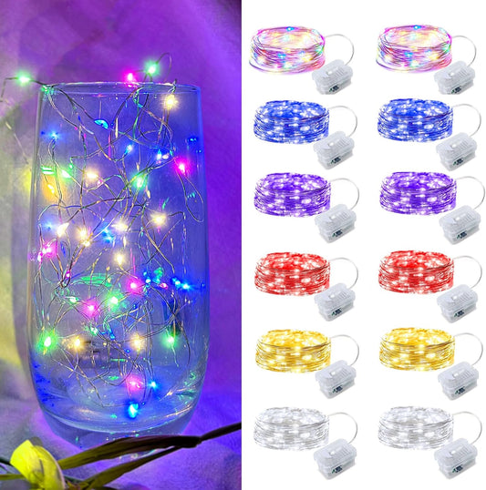 12 Pack Led Fairy Lights - 6 Colors, Battery Operated LED Silver Wire String Lights, 7FT 20LED Mini Firefly Starry String Lights Waterproof Led Twinkle Lights for Mason Jar DIY Christmas Decor