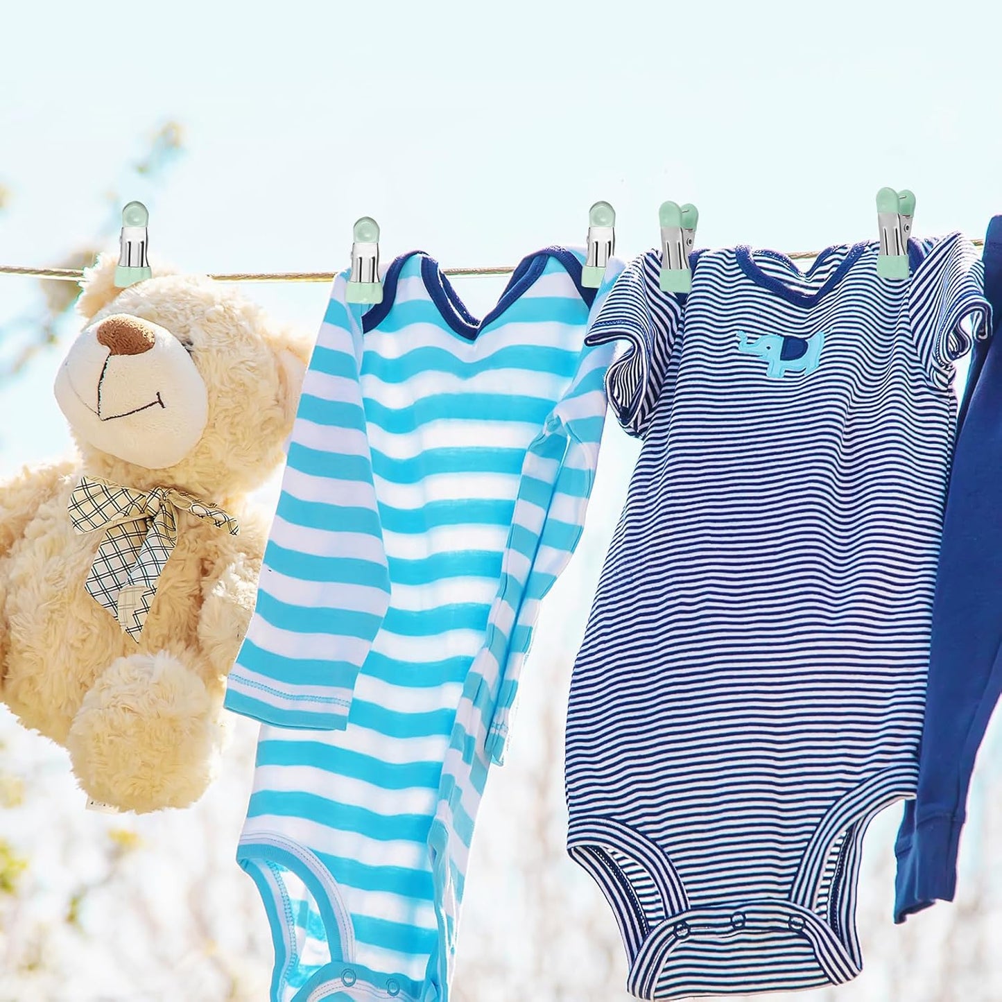 Clothes Pins Heavy Duty 30 Pack - 2.17 Inch Metal Chip Clips, Clothespins for Photo Drying Clothesline Laundry Sock, Bag Clips for Food Kitchen Stainless Steel with Rubber, Light Green