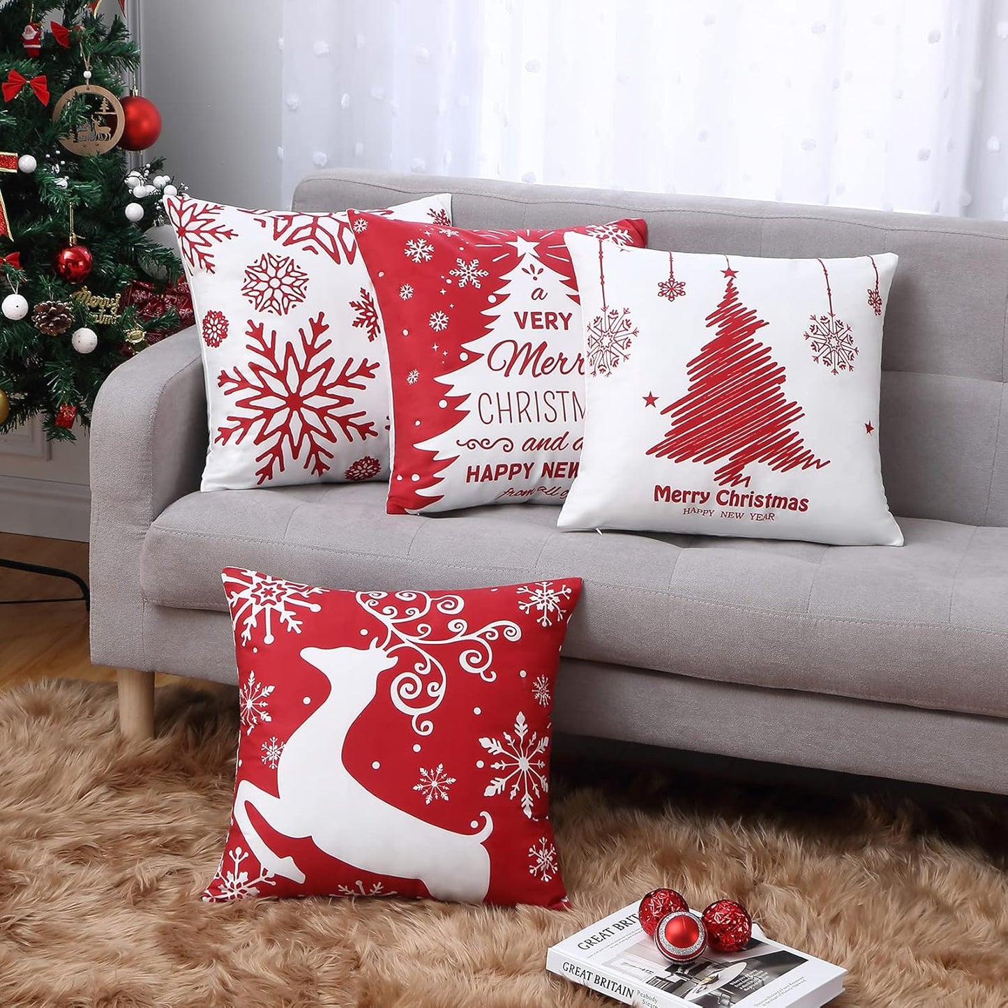 Christmas Pillow Covers 20x20 Set of 4 Farmhouse Christmas Tree Throw Pillow Case Snowflake Reindeer Decoration for Winter Holiday Decor Throw Cushion Case for Home Sofa Couch, Red and White