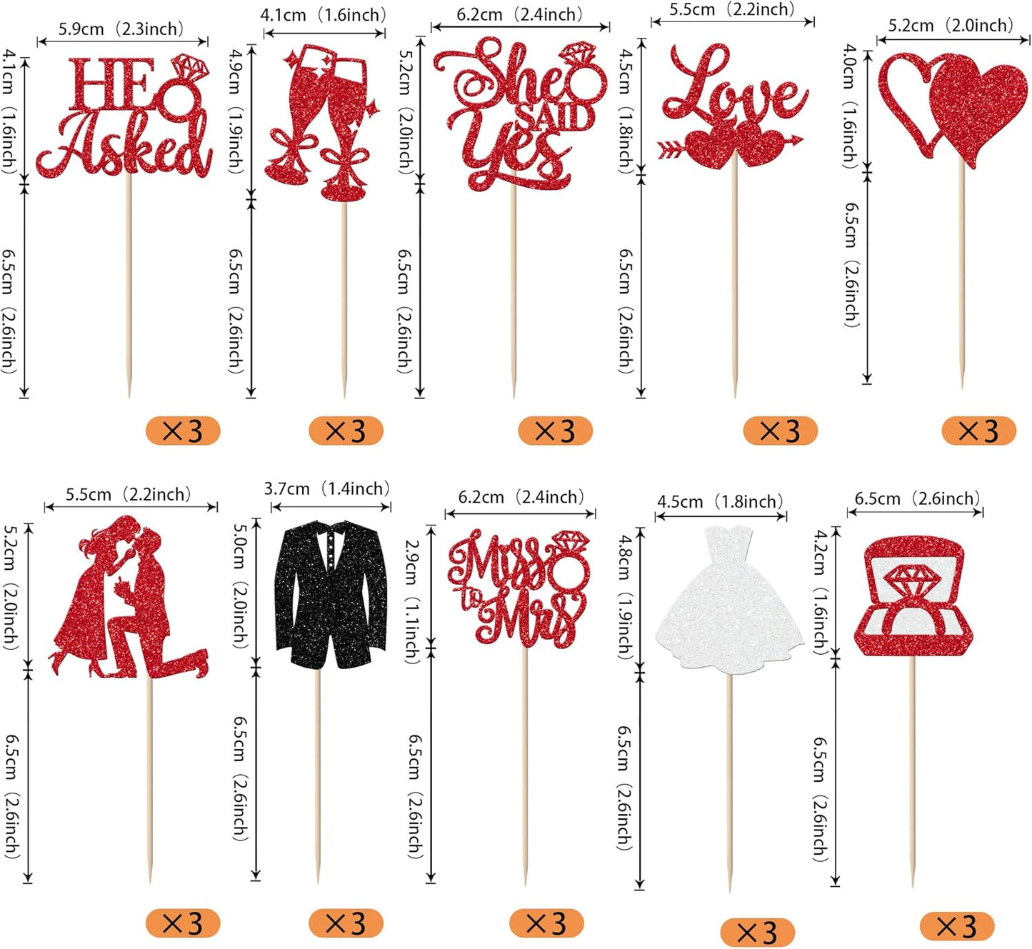 30 Pack Bride to be Cupcake Toppers Glitter Diamond Ring Love I Do Cupcake Picks Miss to Mrs He Asked She Said Yes Bridal Shower Wedding Engagement Bachelorette Cake Decorations Party Red