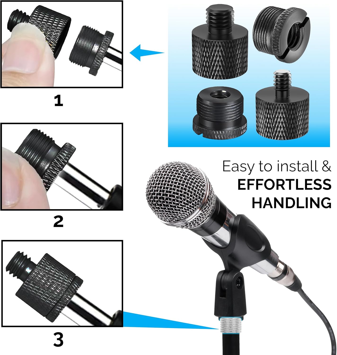 IXTECH Mic Stand Adapter Set 8 pieces Metal Microphone Stand Screw Thread Adapter 5/8 Female to 3/8 Male 3/8 Female to 5/8 Male 5/8 Female to 1/4 Male 1/4 Female to 5/8 Male Tripod Adapter ADP03 Black