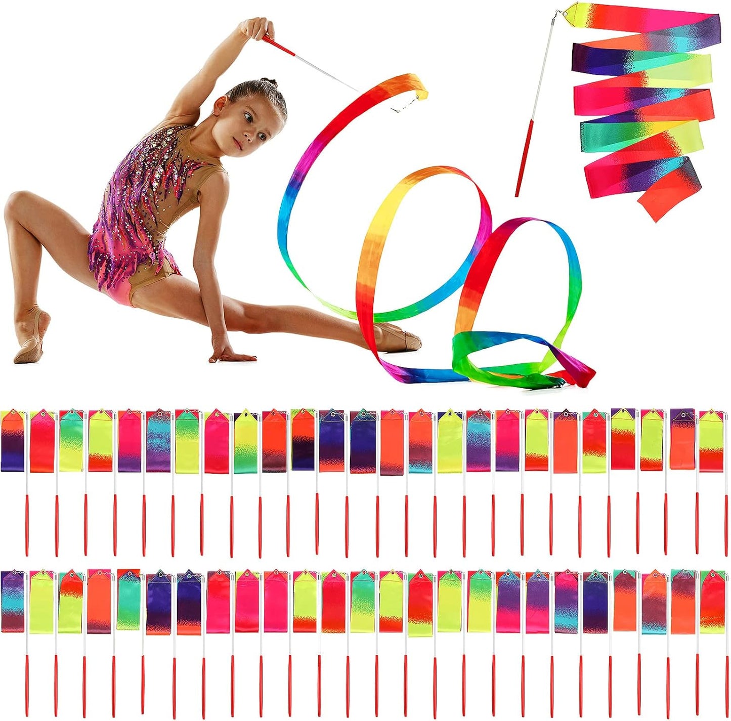 Yilloog 50 Pcs Ribbon Dancing Wands Party Favors, 78.7 Inch Artistic Gymnastics Ribbon Streamers Twirling Wands, Rainbow Birthday Decorations