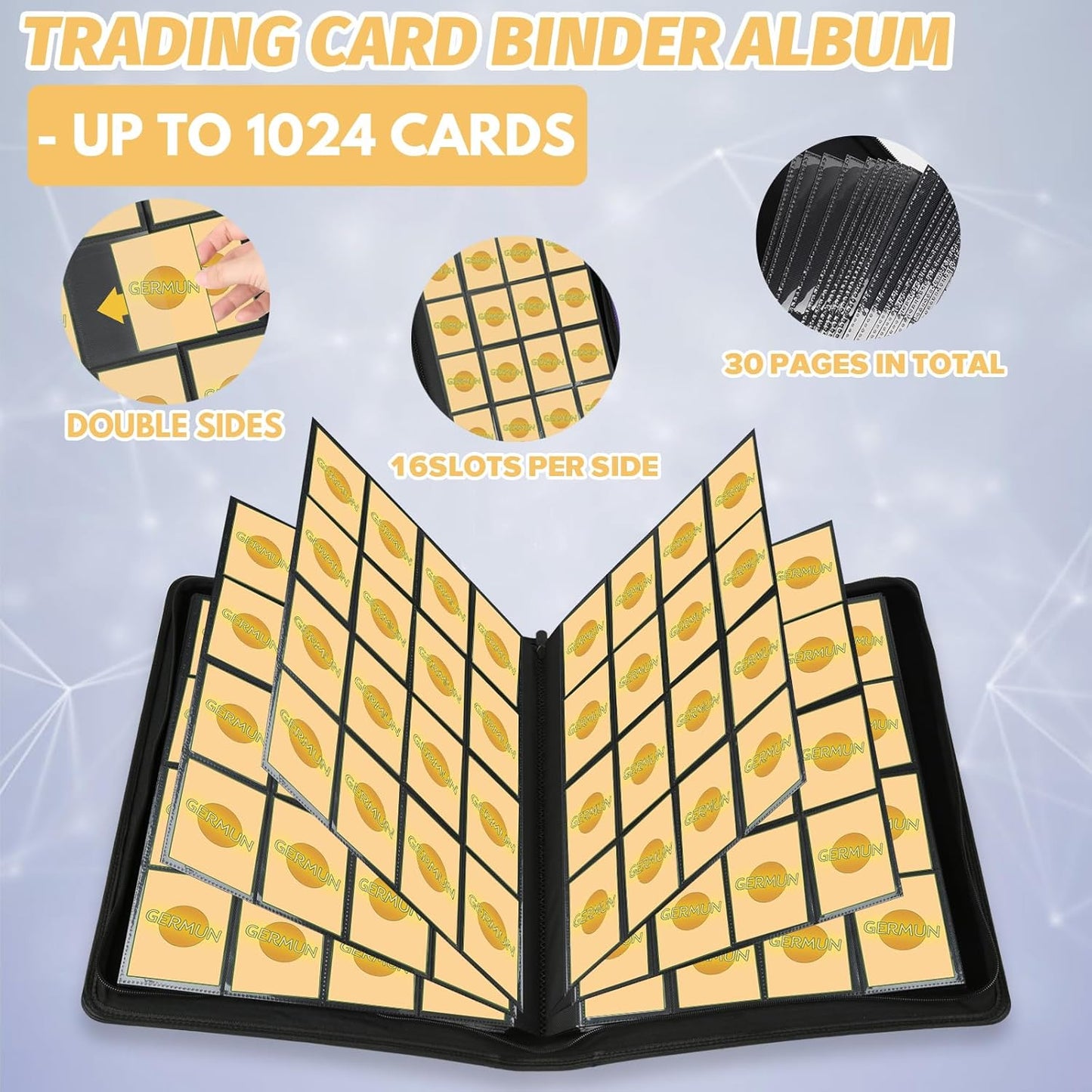 Trading Card Binder 16 Pocket, Foalgo PU Cover Card Binder for 1000+ Cards, Premium Trading Card Holder Folders, Double Sided Pocket Card Album for MTG, TCG (Blue)