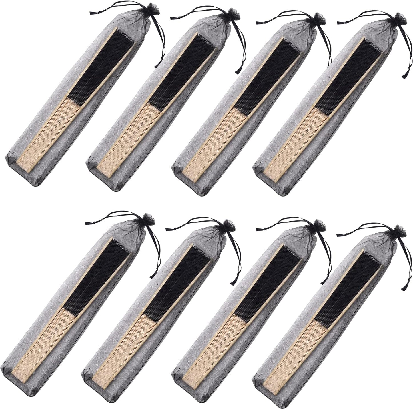 24pcs Imitated Silk Hand Fan Imitated Silk Fabric Bamboo Handheld Folded Fan Bridal Dancing Props Church Wedding Party Favors with Organza Bags (Black)