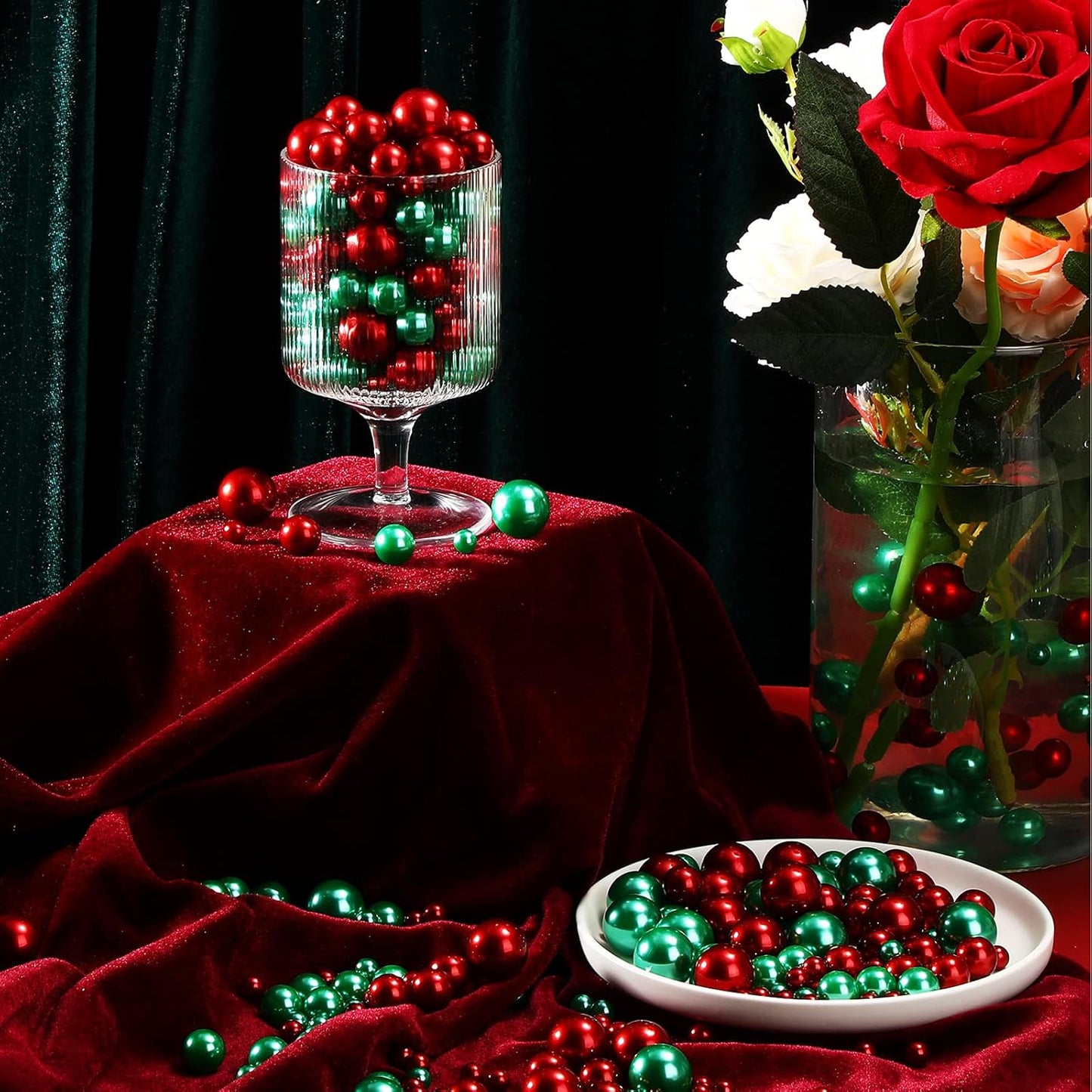 150 Pieces Vase Filler Faux Pearls Vase Makeup Beads No Hole Gloss Bead Mixed Sizes Round Pearl for Home Party Wedding Decor, 8/14/20 mm(Red)