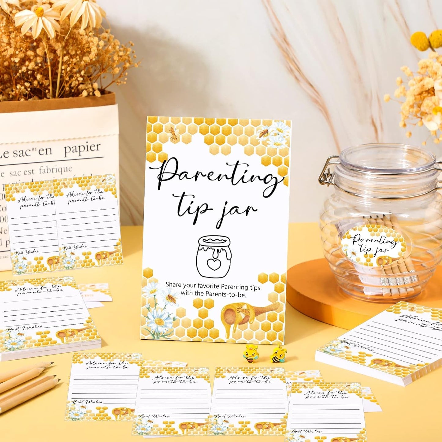 Roowest Baby Shower to Baby Advice Cards for New Parents to Be - Tip Jar Sign for New Parents 60 Parenting Advice Cards 10 HB Pencils 2 Cute Stickers 1 Pet Bottle for Guests Games(Honey)