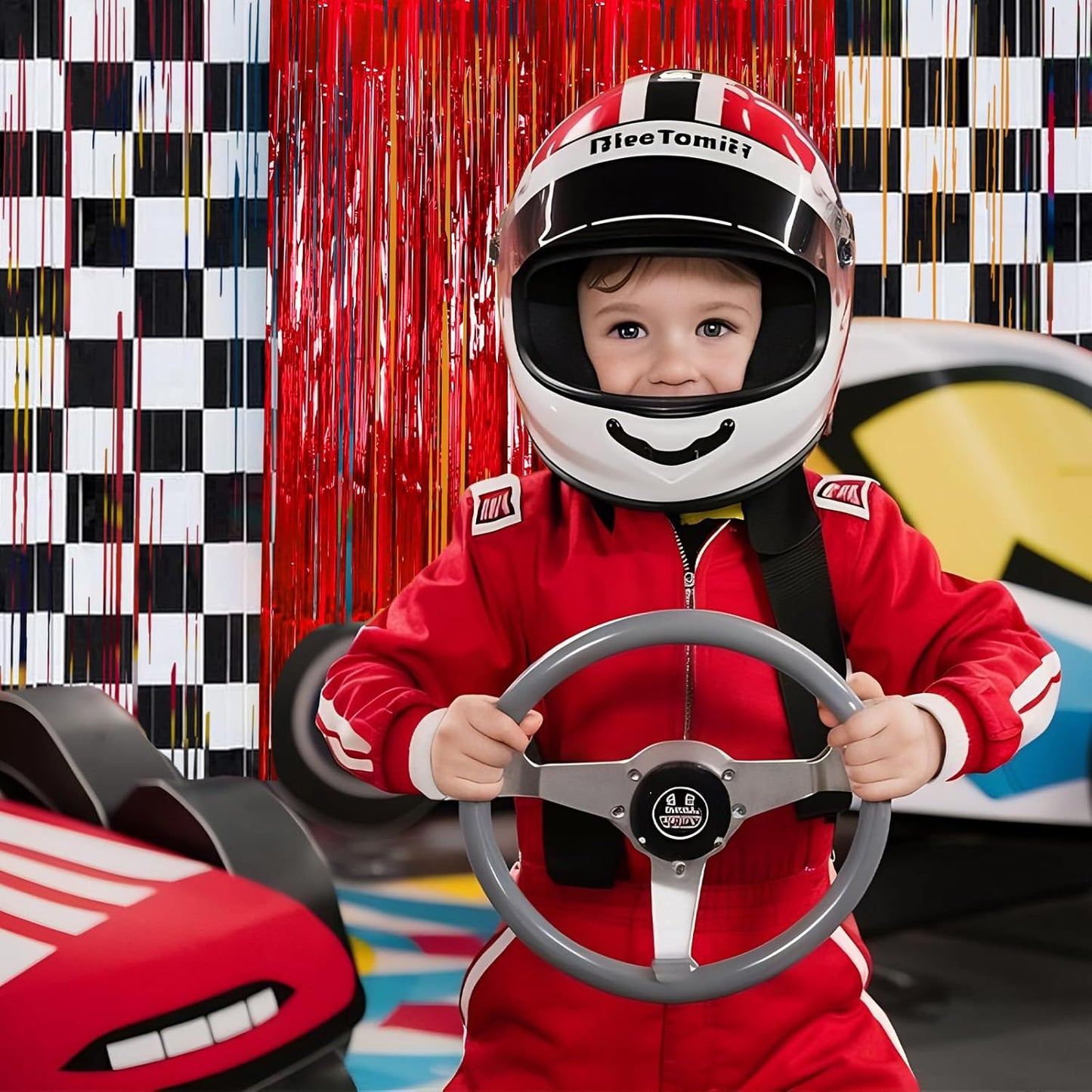 3 Pcs Racing Cars Foil Fringe Curtain Red Black White Checkered Photo Booth Props Tinsel Streamer Curtain Set for One Happy Dude Party Backdrop Decor