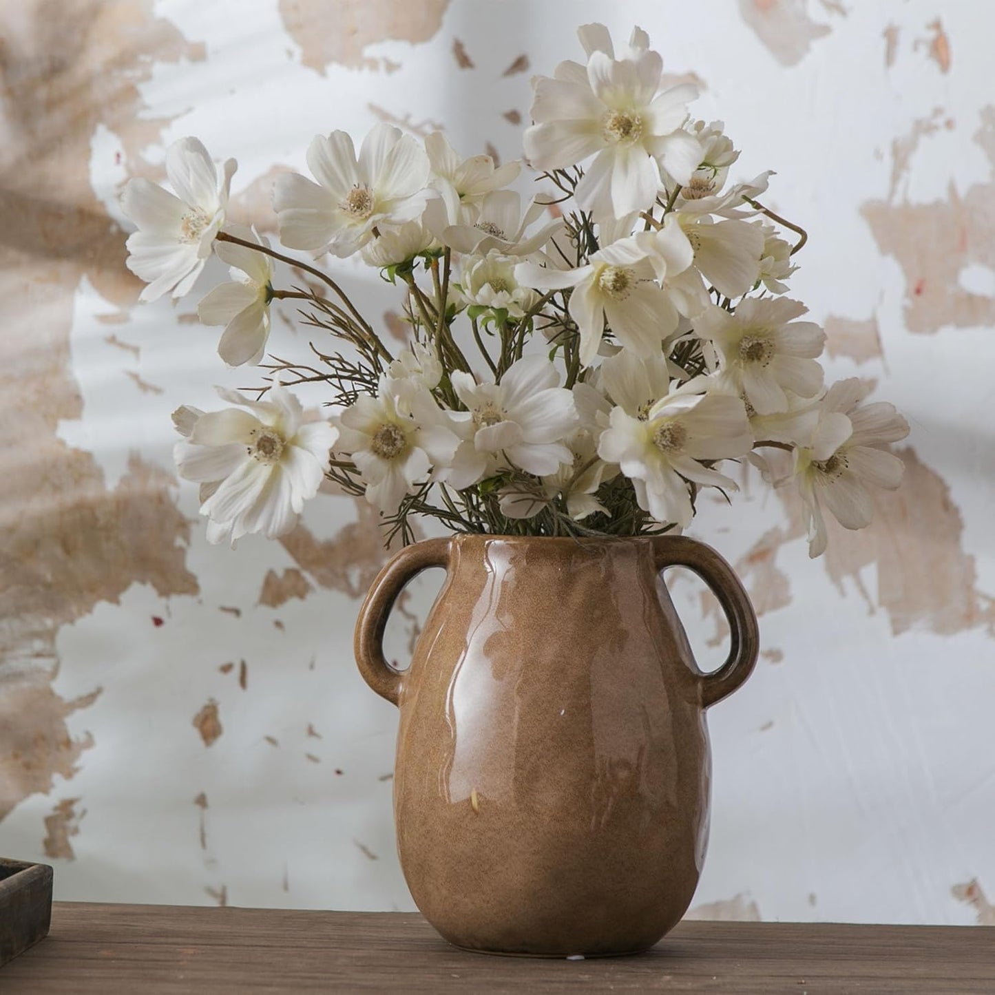 Brown Ceramic Vase with 2 Handles for Modern Farmhouse Home Decor, Vintage Rustic Decorative Vases, Small Vase for Fresh and Dried Flowers, Centerpiece Table Decorations, 7 Inch