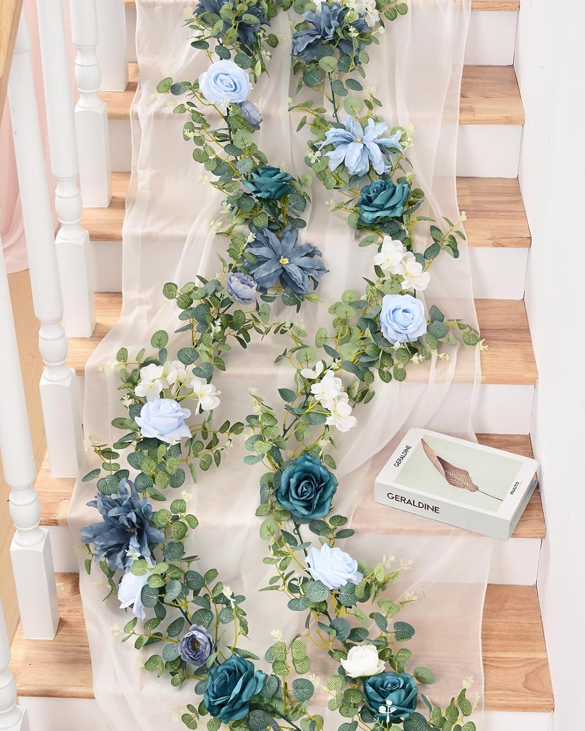Waipfaru 6.07Ft Artificial Eucalyptus Garland With Flowers - Wedding Table Decorations, Floral Rose for Centerpieces, Backdrop Wall Flower Vines, Room Decor (Dusty Blue)