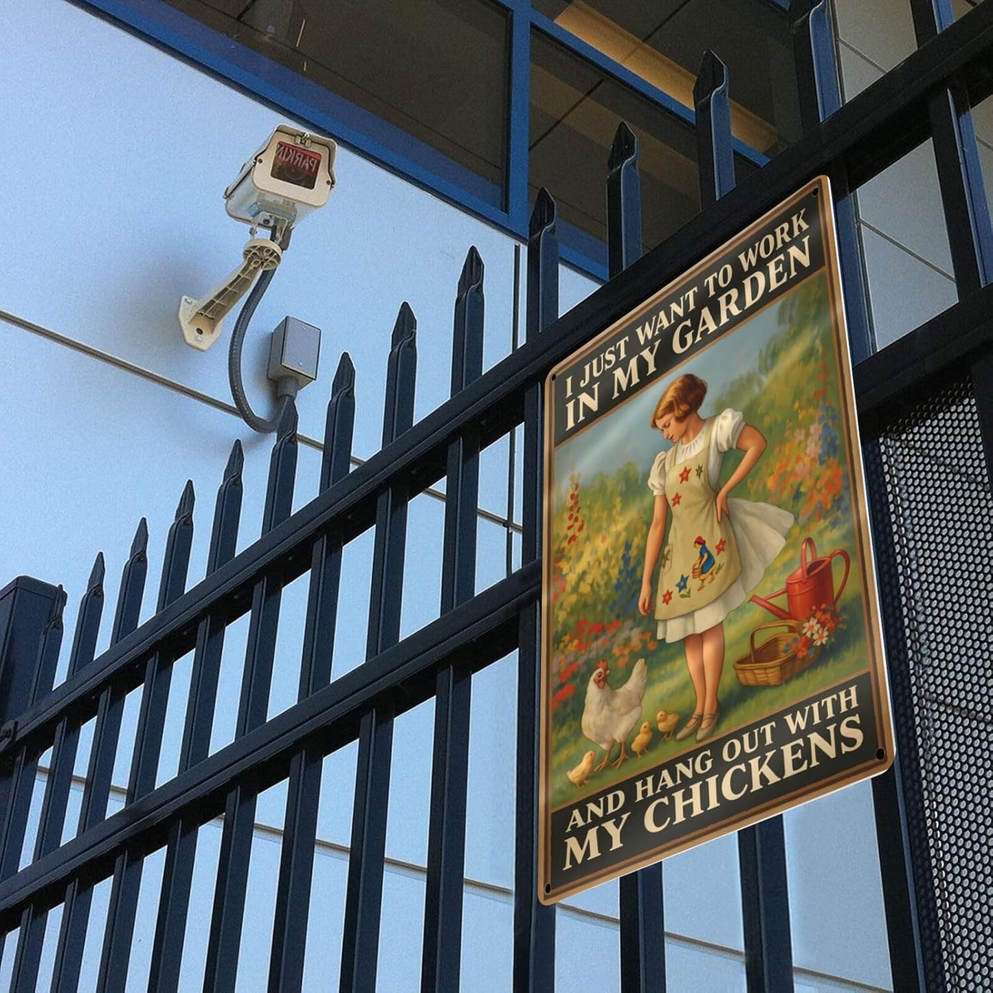 Funny Garden & Chicken Coop Sign - "I Just Want to Work in My Garden and Hang Out with My Chickens" Rustic Metal Wall Decor for Farmhouse, Backyard