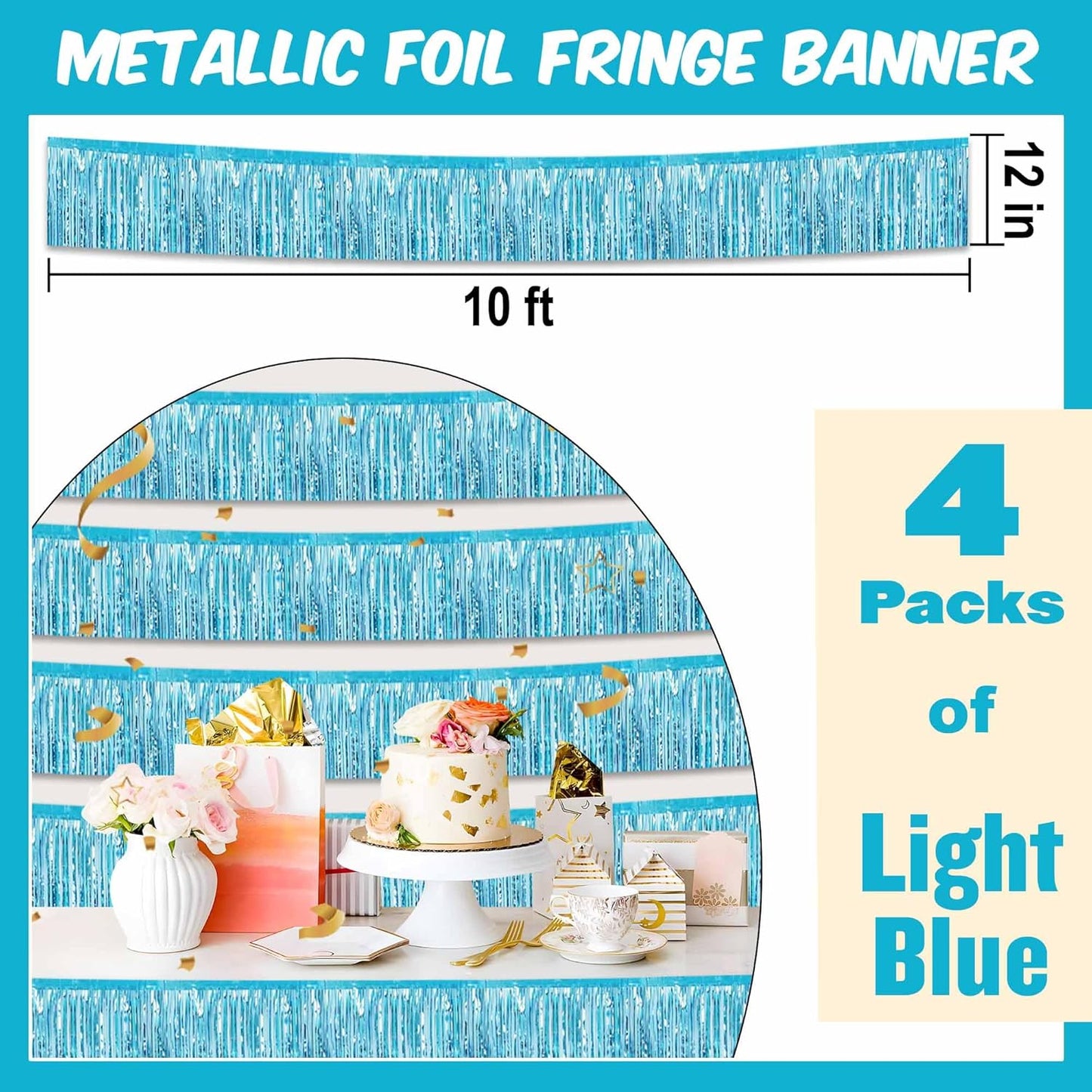 4 Pack 10 Ft Light Blue Foil Fringe Garland Metallic Streamers Tinsel Banner Wall Hanging Garland Backdrop for Parade Floats, Halloween, Christmas, Thanksgiving, New Year Party Decorations