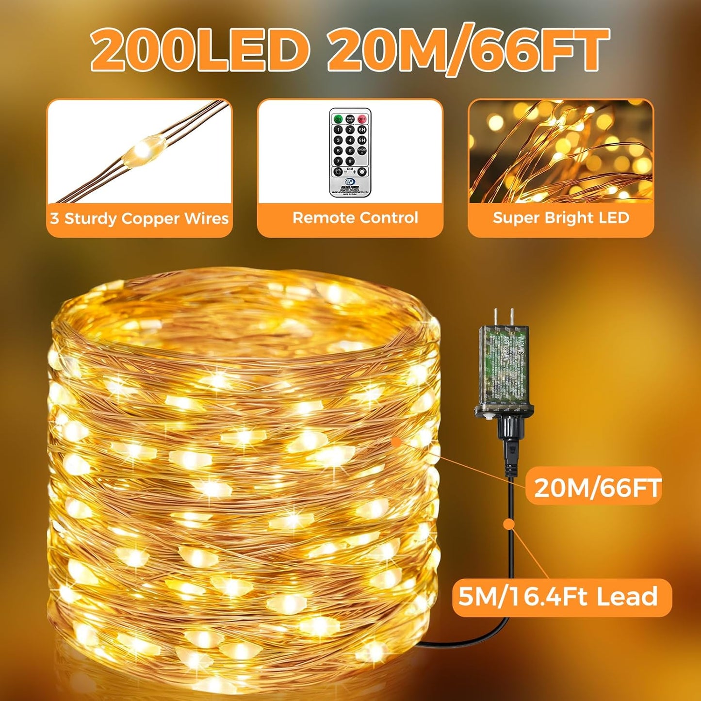 btfarm Fairy Lights Plug in with Remote, 66FT 200 LED Outdoor Twinkle Lights Waterproof with Timer, 8 Modes Indoor String Lights for Bedroom Patio Garden Wedding Christmas Decoration, Warm White