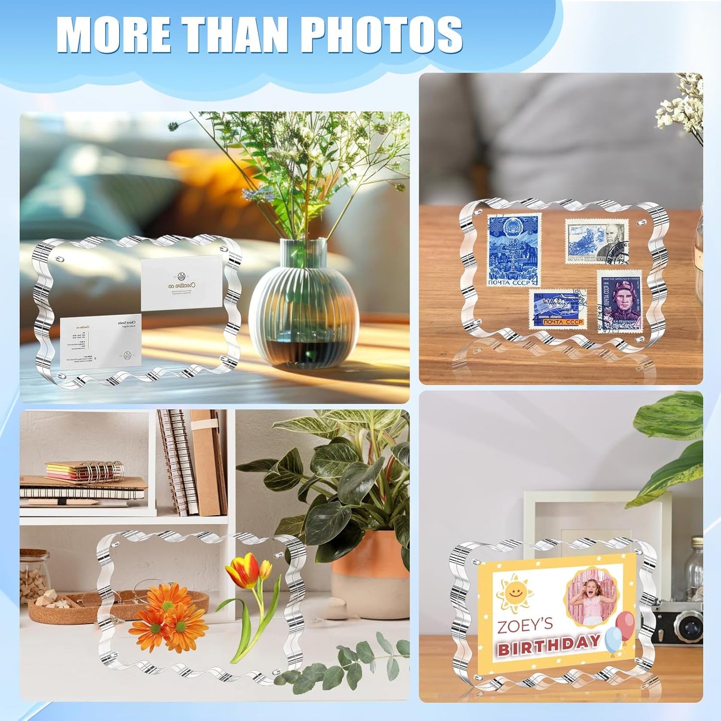 Aheroi Acrylic Picture Frames, 3 Pack 4x6 Clear Scalloped Photo Frame Freestanding Magnetic Double Sided Picture Frames, Transparent Thickened Frameless Acrylic Sign Holder, No Instal