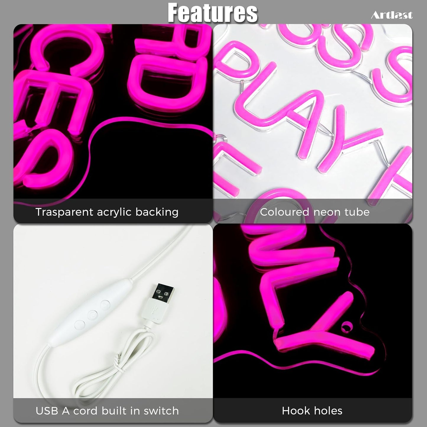 Kiss Slowly Play Hard Take Chances Neon Sign Pink LED Light Inspirational Wall Decor Motivational Gift for Bedroom Living Room Party Home