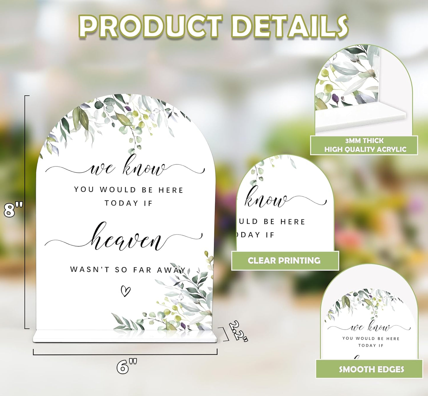 Greenery Wedding Memorial Sign, 6 x 8 Inch White Arch Acrylic Wedding Sign with Holder, Wedding Sign for Ceremony and Reception, Wedding Decoration, Wedding Supplies - LY12