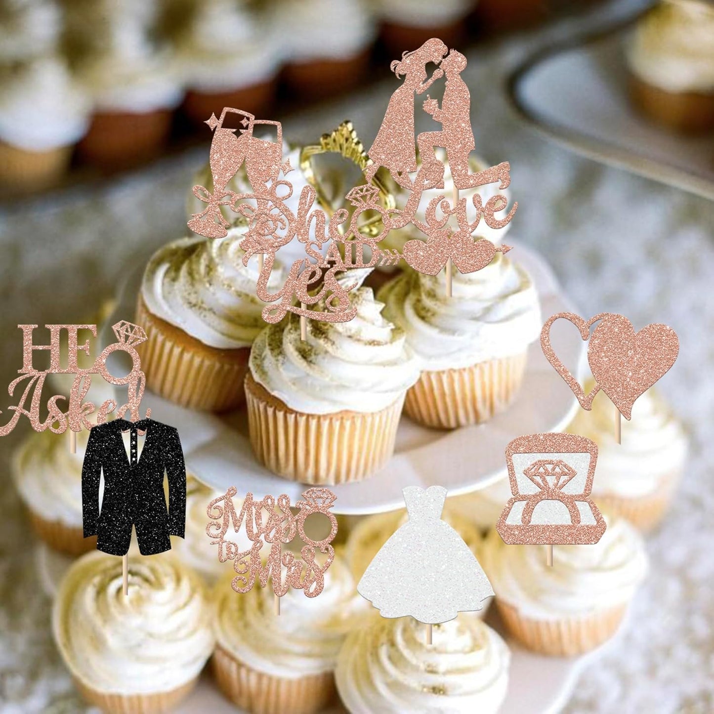 30 Pack Bride to be Cupcake Toppers Glitter Diamond Ring I Do Love Cupcake Picks Miss to Mrs He Asked She Said Yes Bridal Shower Wedding Engagement Bachelorette Cake Decoration Rose Gold