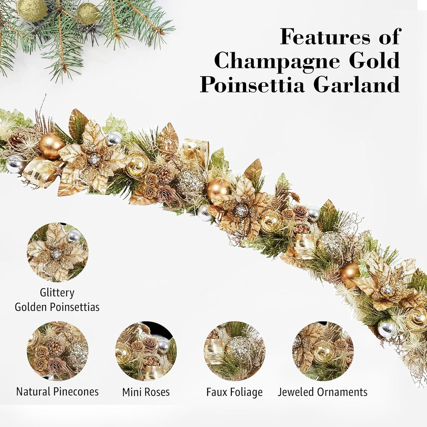 5 ft Christmas Garland for Mantle Unlit Garland for Stairs Railing, Banister, Staircase, Fireplace, for Table No Light, Garland Decor Frosted Red Poinsettia Holiday Tree (Glittery Champagne Gold)