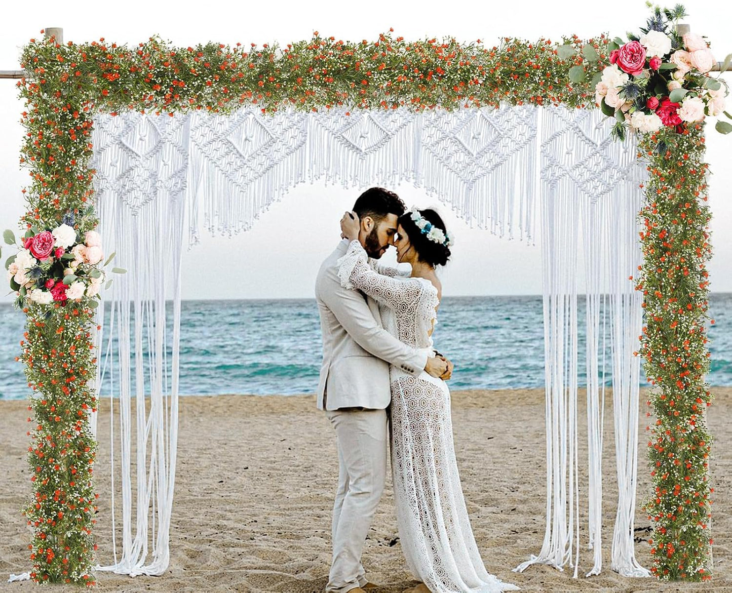 2 Pcs 5.8ft Artificial Baby Breath Flower Vines, Babys Breath Artificial Flowers Real Touch Faux Gypsophila Hanging Fake Baby's Breath Garlands for Wedding and Baby Shower Decor(Red-Orange