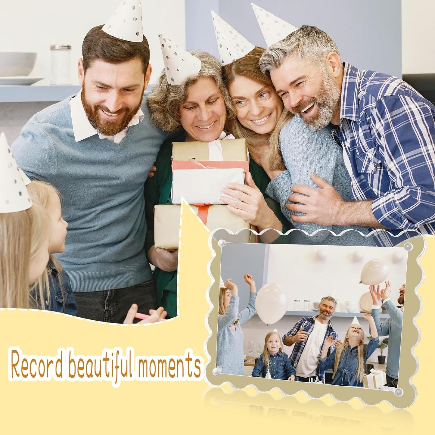 3 Pack Acrylic Picture Frames 4x6 Scalloped with Detachable Brackets, Vertical and Horizontal Tabletop Display, Clear Magnetic Photo Frames for Home/Family/Party/Wedding