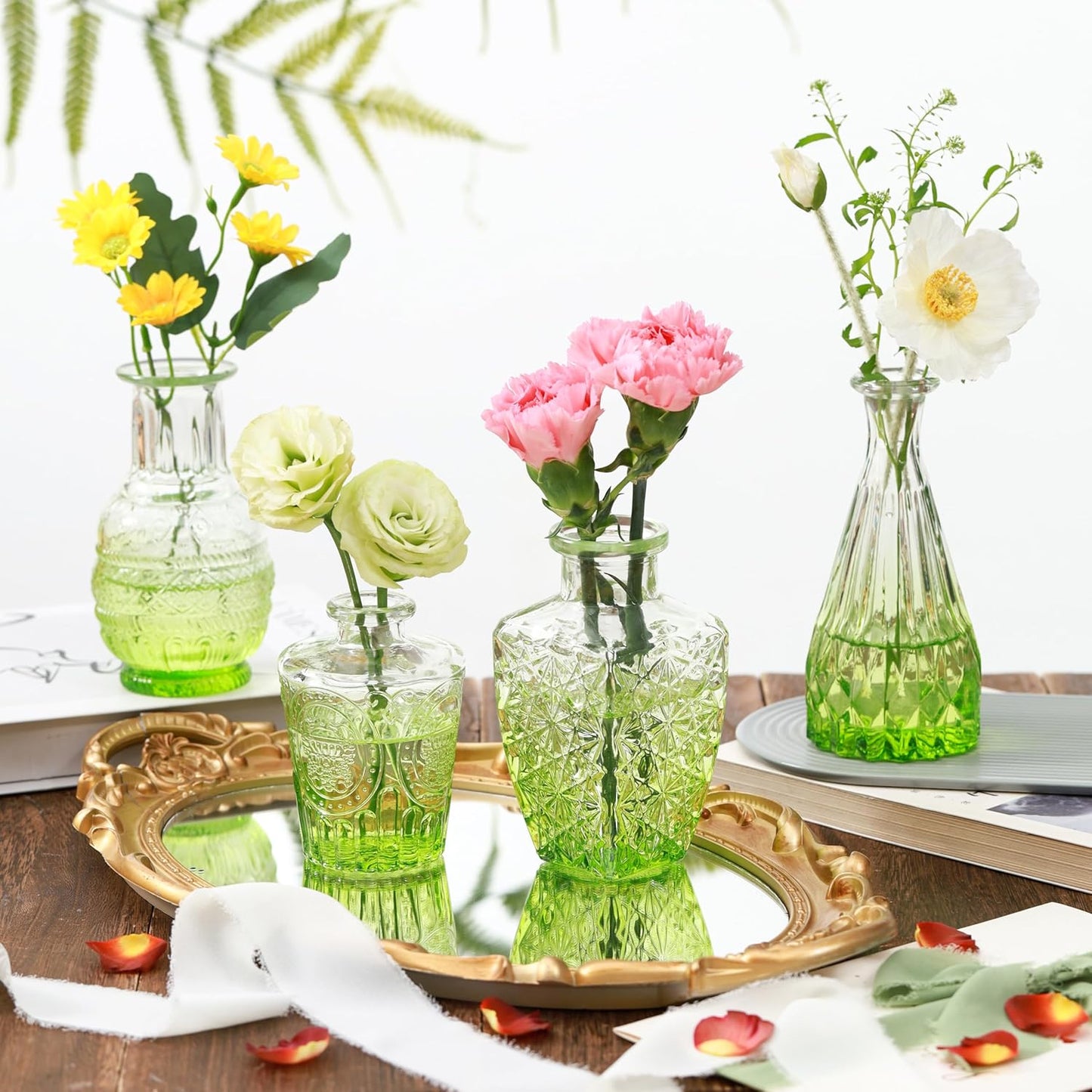 Vintage Small Glass Vases Set of 10,Mini Bud Vases for Flowers,Amber Glass Vases for Centerpieces,Wedding Decorations,Home Table Flower Decor (Olive Green)