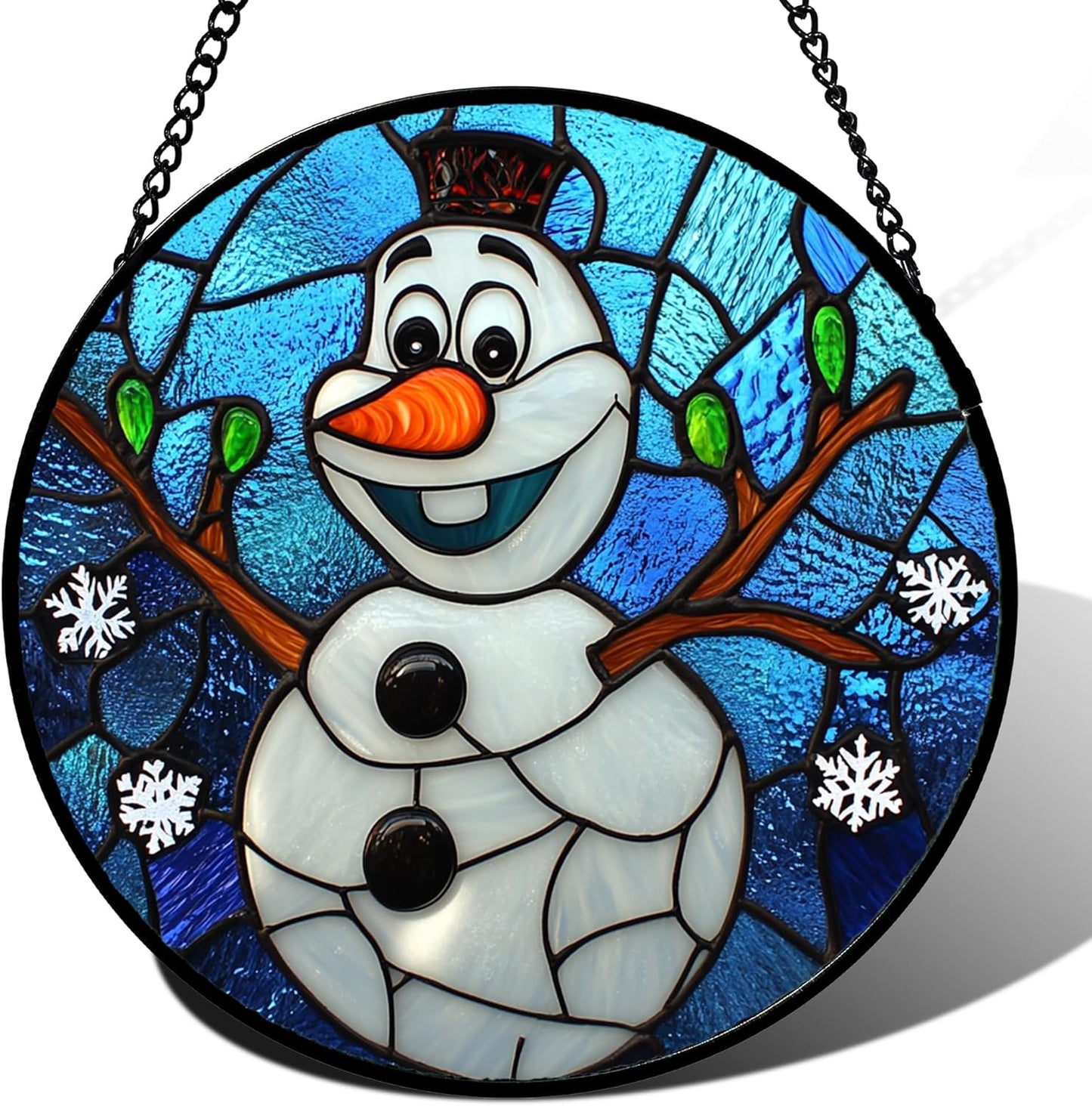 Stained Glass Window Hanging Christmas Funny Snowman 7.8" - Suncatcher Door Garden Blue White Snowflakes Sun Catcher New Year Birthday for Friend Mom Men Woman Nana