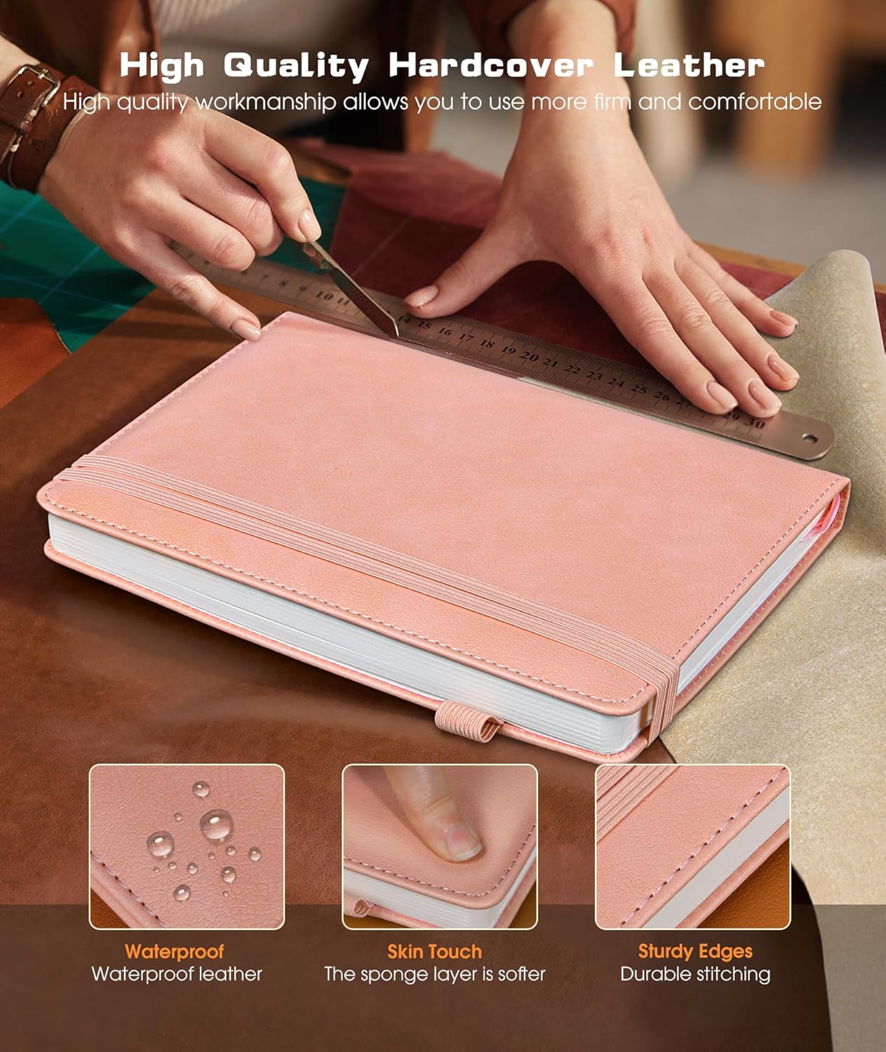 Lined Journal Notebook for Women Men, 256 Numbered Pages Hardcover Leather Journals for Writing, A5 Journaling Notebooks, College Ruled Journal for Business Work School 5.75" x 8.38" Pink leather