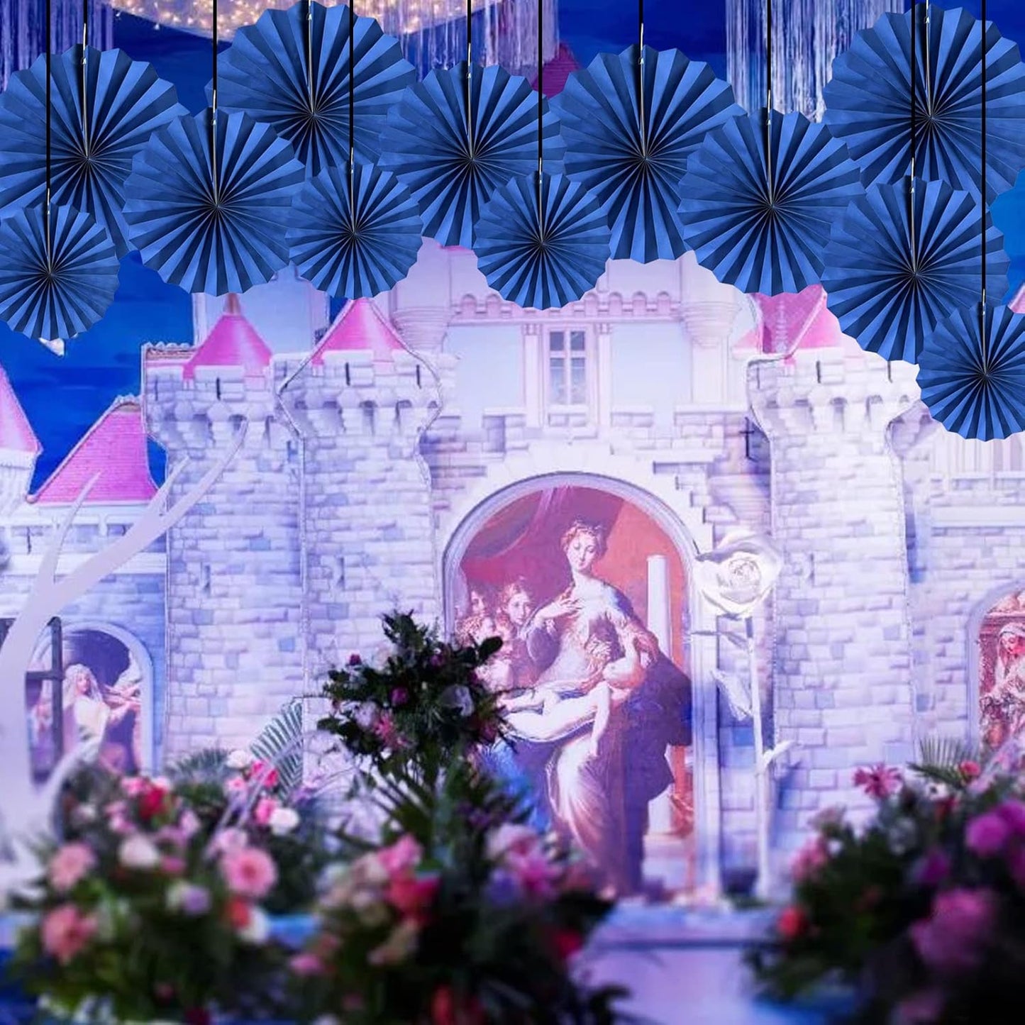 HQZ Blue Party Hanging Fans DIY Set - 12pcs Paper Fans, Pinwheels, Craft for Wedding, Birthday, Christmas Party Decoration