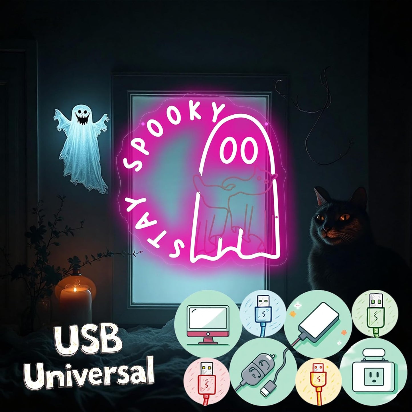 Halloween Ghost holding a cat Stay Spooky Neon Sign, Funny Halloween Party Wall Decor, Spooky Season Room Sign for Boo Wall Decor Neon Light for Bar Man Cave Home Yard Decoration Funny Spooky Vibes-Pink