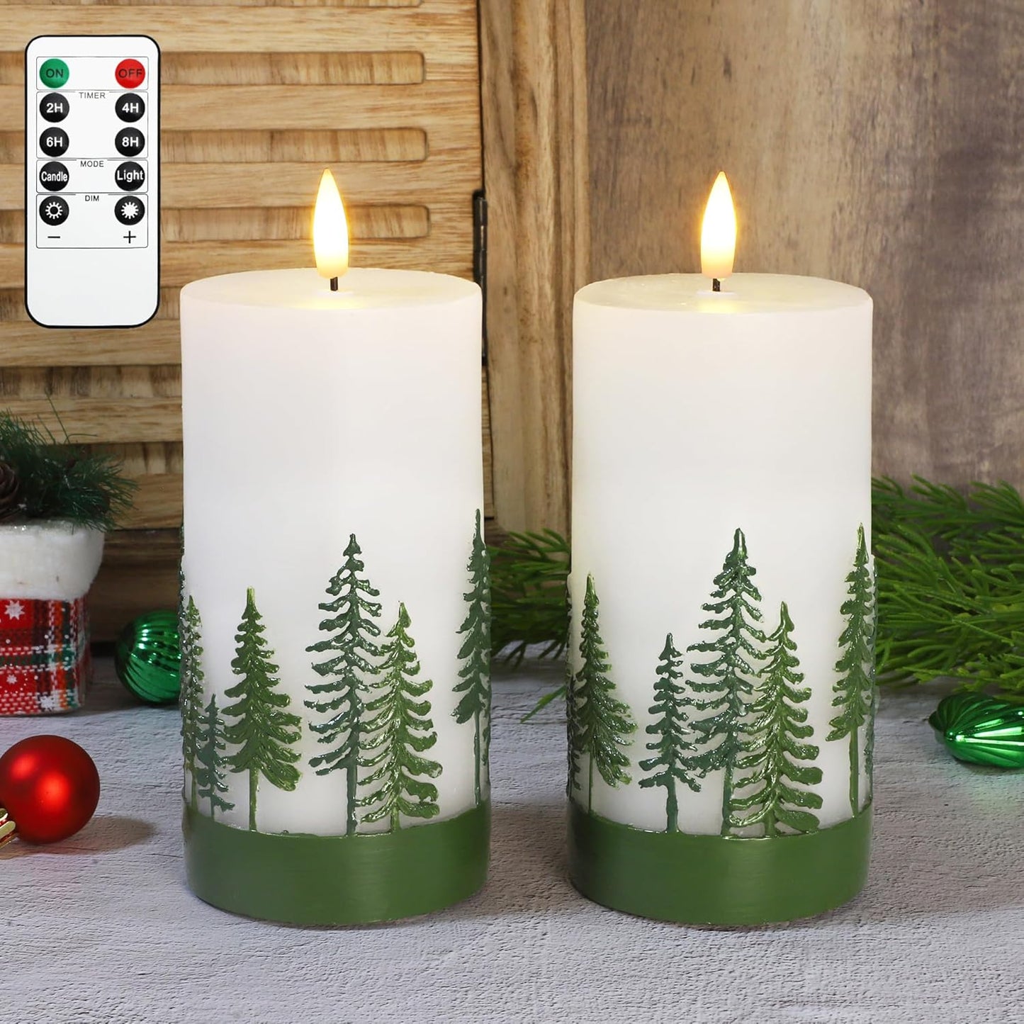 Silverstro Holiday Flameless Candles Green Hand Drawn Christmas Tree Design with Remote Control, Flickering Real Wax Christmas LED Candles - Home Party Bathroom Room Xmas Decorations - Set of 2
