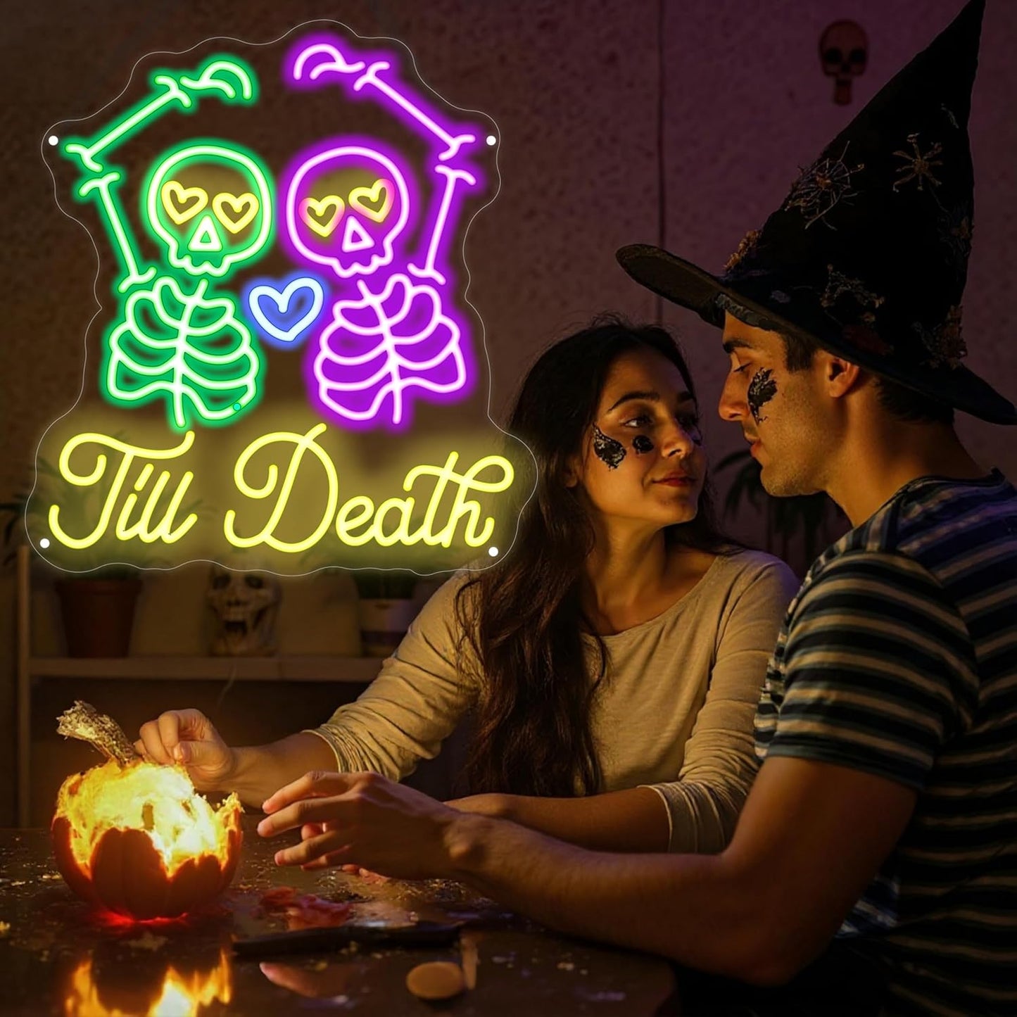 Skull Till Death Neon Sign, Halloween Wall Sign, Horror Decor Wall Skull Neon Sign for Wedding Engagement Party Bridal Shower Decor Til Death Do Us Party Valentines Day Gifts